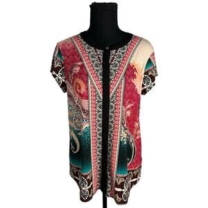 Dana Buchman Colorful Abstract Print Crew Neck Easy Care Career Blouse Size M